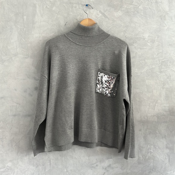 NWT DKNY Sequin Pocket Grey Turtleneck Sweater, Size XL - Picture 2 of 8